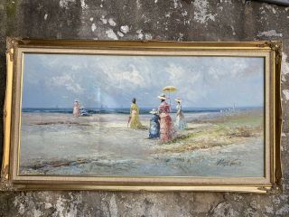 Vintage Large French Seaside Beach Oil Painting Canvas Signed Marie Charlot