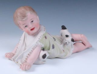 Antique German Bisque Piano Baby Girl W/ Cats Victorian Porcelain Doll Figurine