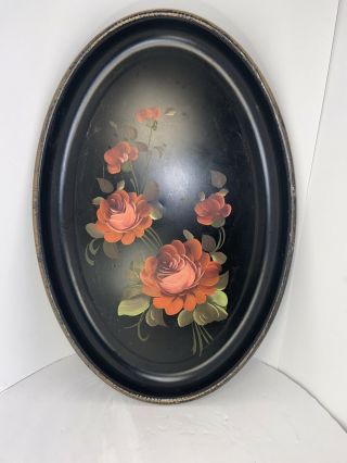 Vtg Large Oval Black Tole Hand Painted Metal Tray Floral Roses 16 X 11”
