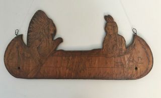 Antique Flemish Art Co.  Wood - Cut " Pyrogravure " Of Native Americans In Canoe