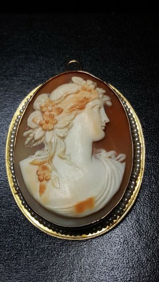 Vintage Victorian 10k Yellow Gold Carved Shell Cameo Brooch/pendant 10.  1g