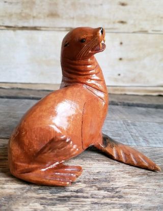 Vintage Hand Carved Seal Sea Lion Wood Nautical Art Beach House Home Decor