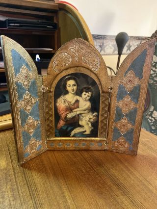 Tole Wood Italian Florentine Madonna & Jesus Triptych Large