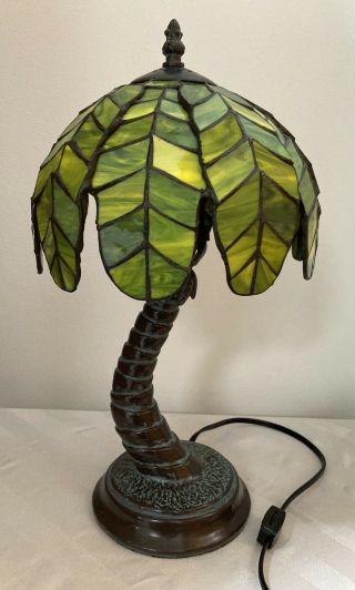 Vintage Collectible Tiffany Style Green Stained Glass Palm Tree Lamp Heavy Base 2