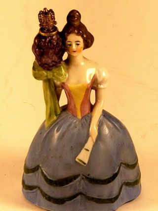 Antique Germany Porcelain Perfume Bottle Lady Holding Bouquet Of Flowers
