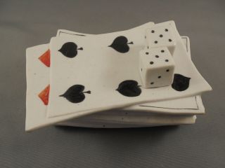 Antique Bisque Porcelain Figural Playing Cards & Dice Cigarette Match Box