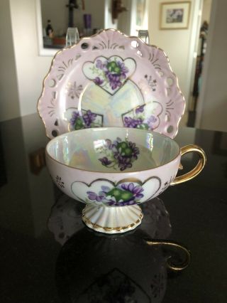 Vintage Lefton Lusterware Tea Cup Saucer Pink Flower Heart Japan Pedestal Signed