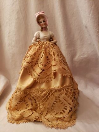 Antique Victorian Porcelain Half Doll Woman With Lace Dress On Wire Frame