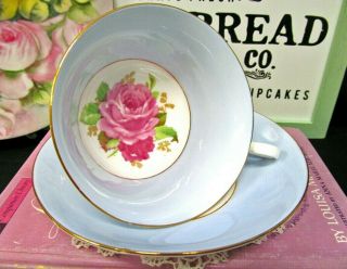 Rosina Tea Cup And Saucer Pink Rose Teacup Baby Blue Color Base England 1930s