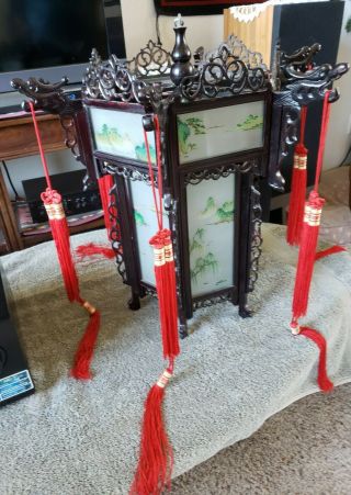 Vintage Chinese Six Sided Glass Lantern (hong Kong) With Hand Painted Glass