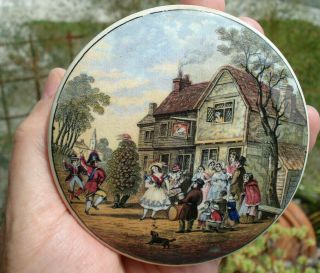 Antique,  Rated Scarce,  " May Day Dancers " Multi - Color Prattware Pot Lid