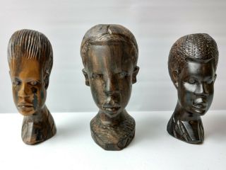 Set Of 3 Vintage African Hand Carved Ebony/iron Wood Tribal Head Bust Sculptures