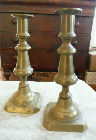 Antique 18 - 19th C Brass Pair Turned Square Base Push - Up Candlesticks 7 3/4 " H Vgc