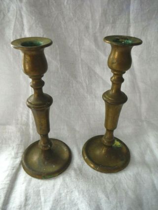 Antique 18 - 19th C Brass Pair Turned Round Base Decorative Candlesticks 8”h – Vgc