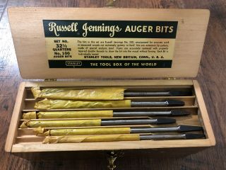 Vintage Russell Jennings Stanley 32 1/2 Auger Bit Set 100 W/wood Box Quarters