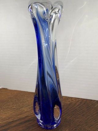 Swung And Twisted Cobalt Blue And Clear Glass Vase