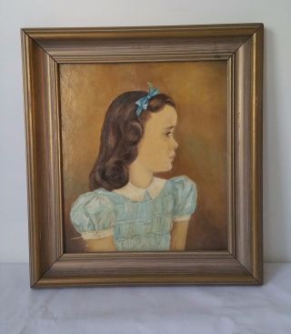 Vintage Oil Painting Child In Blue Ribbon Portrait Unsigned