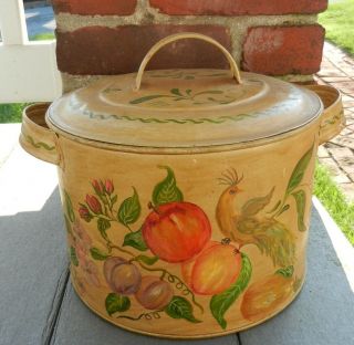 Vintage Large Tin Toleware Bucket With Lid Hand Painted Folk Art