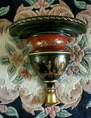 Vintage Chinoiserie Red & Black Decorated Wooden Wall Bracket Shelf