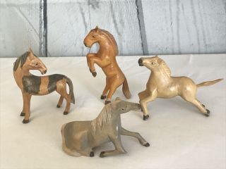 Vintage Folk Art Hand Carved Wood Horses Set Of 4 - One Of A Kind