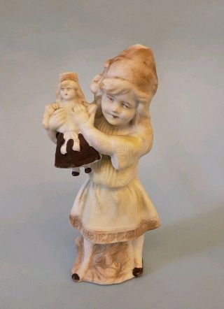 Antique Victorian All Bisque Girl With Doll Figurine Germany 5 "