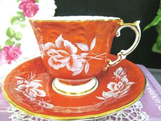 Aynsley Tea Cup And Saucer Orange & White Rose Pattern Teacup 1950s Textured