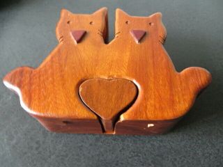 Cat Wooden Puzzle Box,  Hand Carved,  Secret Jewelry Area
