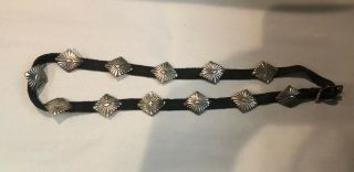 Vintage Western Hat Band,  25 " Leather Strap With 12 Sterling Silver Conchos