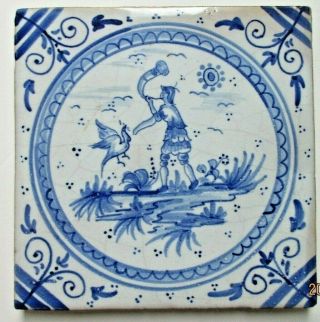 Vintage Delft Tin Glazed Tile Large Blue & White Hunter Horn Man Bird French?