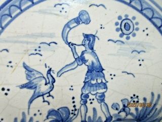 Vintage Delft Tin Glazed Tile Large Blue & White Hunter Horn Man Bird French? 2