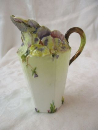 Antique France Choisy - Le - Roi Majolica Small Pitcher Creamer Pansies