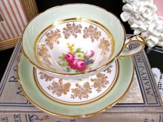 Stanley Tea Cup And Saucer Lime & Roses Teacup Pattern Gold Gilt Painted Set