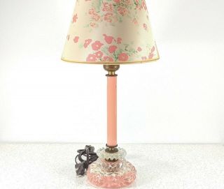Vtg Pink Glass Boudoir Lamp In Pink And Cream With Floral Shade - Boopie Glass