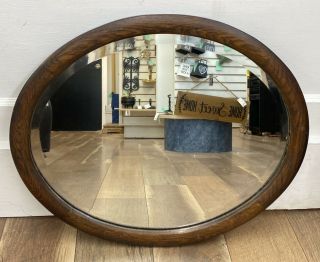 Antique Oak Wood Framed Beveled Oval Glass Mirror 22.  25 X 18.  25