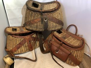 3x Antique Wicker & Leather Fly Fishing Creel Basket - Vintage