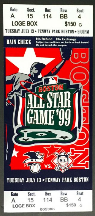 1999 All Star Game Full Ticket Boston Fenway Park Mlb Baseball Vintage Rare