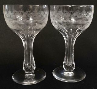 Set 2 Antique Crystal Glass Champagne Glasses Hollow Stems Needle Etched Artdeco