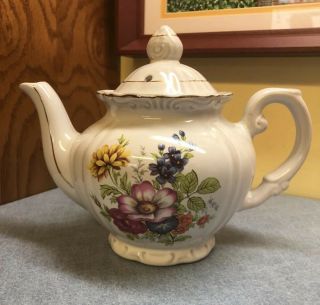 Vintage Porcelain Floral Teapot,  White W/ Gold Trim,  Floral Design