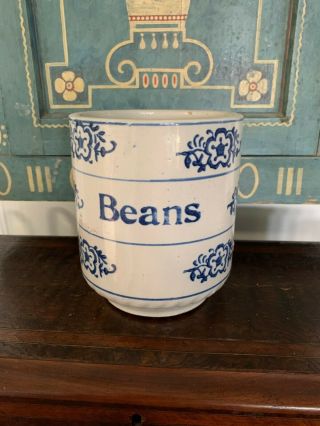Antique Vintage Stoneware Flow Blue White Beans Canister