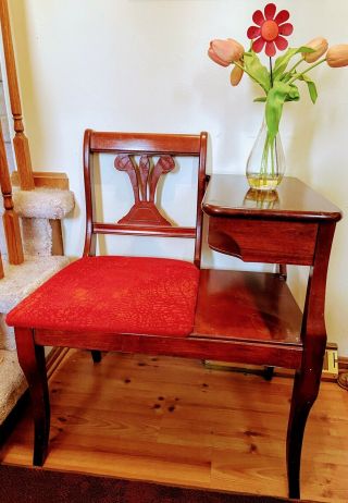 Vintage Wood Gossip Bench,  Telephone Table With Chair,  Mid - 1950’s