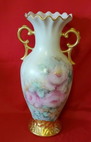 Large 14 1/4 " Hand Painted Vintage Signed Lilla Bennett Porcelain Vase Roses
