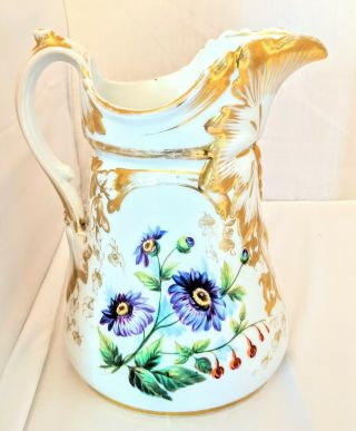 Antique Hand - Painted Porcelain Water Pitcher Unmarked 9 " X 6 1/4 "