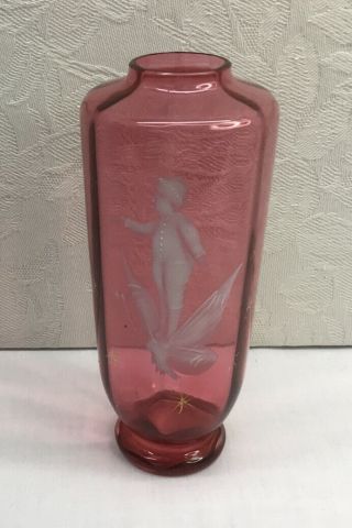 Antique Mary Gregory Cranberry Glass Vase - Victorian Boy Riding A Butterfly,  5.  5”