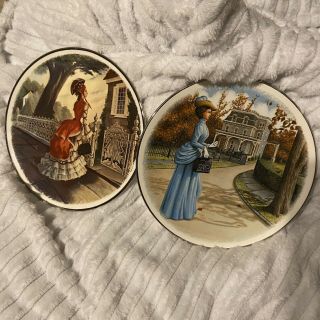Vintage Avon Decorative Plate 1977 And 1979 Woman In Red Dress Blue Dress