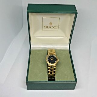 Gucci 18k Gold Plated Swiss Quartz Ladies Wrist Watch Black Face Vtg_no Reserve