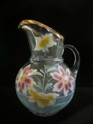 Antique Victorian Hand Painted Enamel Glass Lemonade Ice Tea Water Pitcher 64oz