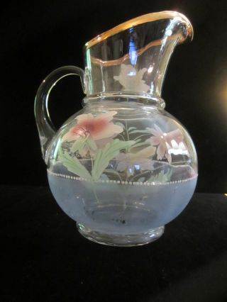 Antique Victorian Hand Painted Enamel Glass Lemonade Ice Tea Water Pitcher 64oz 3
