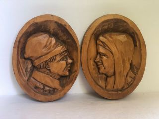 2 Collectible Vintage Hand Crafted Wood Carving Signed Janine Bourgault Wall Art