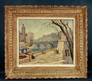 Vtg.  Raphael Pricert Oil Painting Paris Scene Bridge On Seine Ca.  1950s