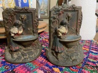 Lovely Maiden Drinking Water From Lion Head Fountain Old Cast Iron Bookends